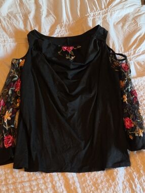 Black Cold-Shoulder Top with Floral Embroidered Sleeves